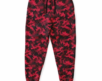 Red Camouflage Joggers Sweatpants with Pockets, Black Camo Women Men Female Ladies Fleece Comfy Cotton Sweats Pants Loungewear Bottoms