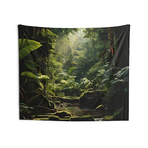 Rainforest Jungle Tapestry, Green Nature Wall Art Hanging Cool Unique Landscape Aesthetic Large Small Decor Bedroom College Dorm Room