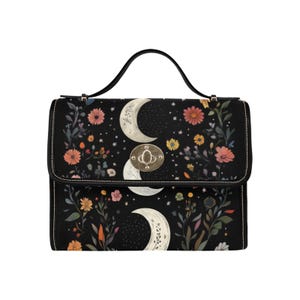 Moon Phases Floral Canvas Satchel Bag, Celestial Flowers Cottagecore Waterproof Black Cute Women Crossbody Purse Vegan Leather Strap Handbag