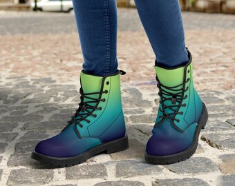 Blue Green Ombre Women Leather Boots, Gradient Tie Dye Vegan Lace Up Shoes Festival Black Ankle Combat Work Winter Waterproof Ladies