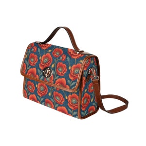 Sac à main cartable en toile coquelicot de Californie, fleurs rouges florales imperméables petit marron mignon femmes traversant le corps sac à main avec bracelet en cuir végétalien