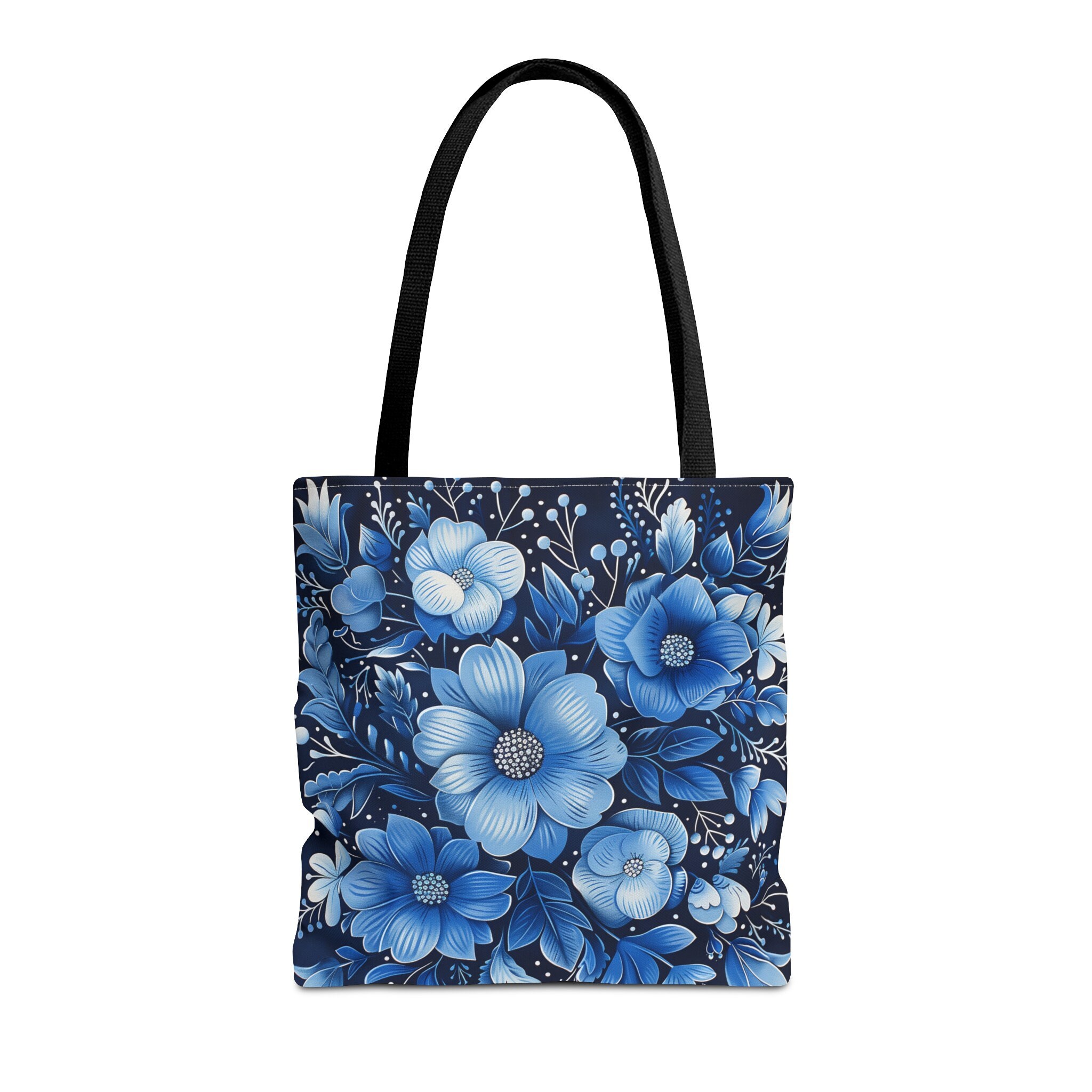 Blue Floral Tote Bag, Navy Flowers Cute Canvas Shopping Small