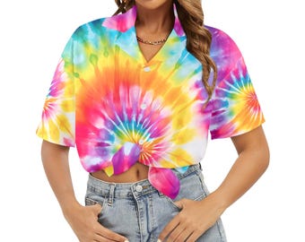 Colorful Tie Dye Women Hawaiian shirt, Pink Blue Art Vibrant Summer Print Vintage Retro Hawaii Aloha Button Up Down Plus Size Ladies Blouse