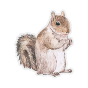 Pode incluir: Uma ilustração em aquarela de um esquilo marrom sentado em suas patas traseiras com a cauda enrolada atrás dele.