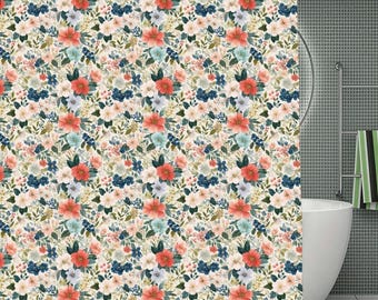 Boho Flowers Shower Curtain with Hooks Rings, Floral Blooms Fabric Waterproof Unique Bath Bathroom Decor Cool Housewarming Home Gift