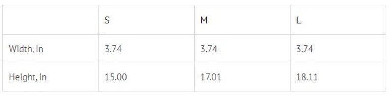 以下が含まれることがあります： S、M、Lのサイズで、製品の幅と高さをインチで示した表です。