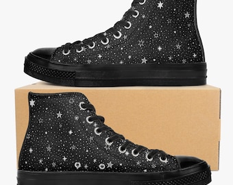 Estrellas zapatos de caña alta zapatillas de deporte, espacio negro blanco hombres mujeres calzado con cordones Rave lienzo streetwear diseñador damas chicos regalo