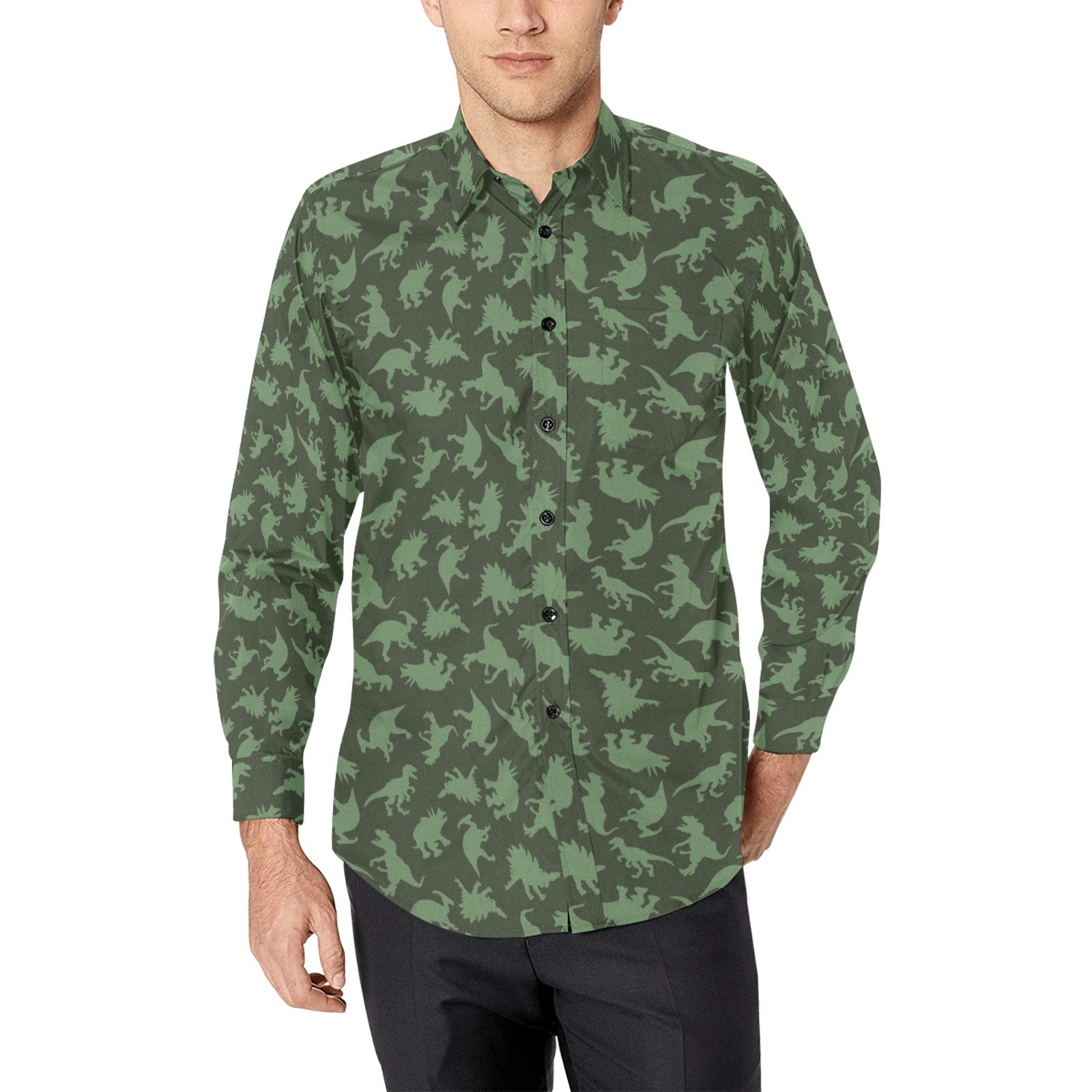 Dinosaurs Long Sleeve Men Button up Shirt Dino Green Print Buttoned Collar Casual Shirt With Chest Pocket Etsy