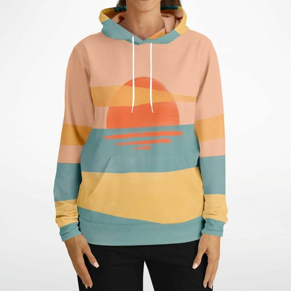 Sun Sunset Hoodie, Sunrise Colorful Lightweight Summer Pullover Men Women  Adult Eco Friendly Aesthetic Graphic Hooded Sweatshirt Pockets 