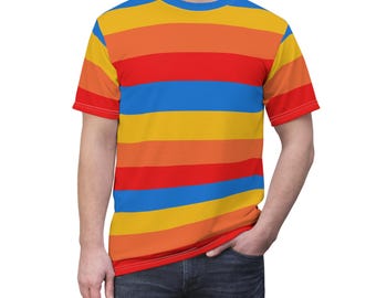 Yellow Orange Red Blue Tshirt, Striped Stripe Designer Graphic Lightweight Heavyweight Crewneck Men Women Tee Top Short Sleeve Shirt