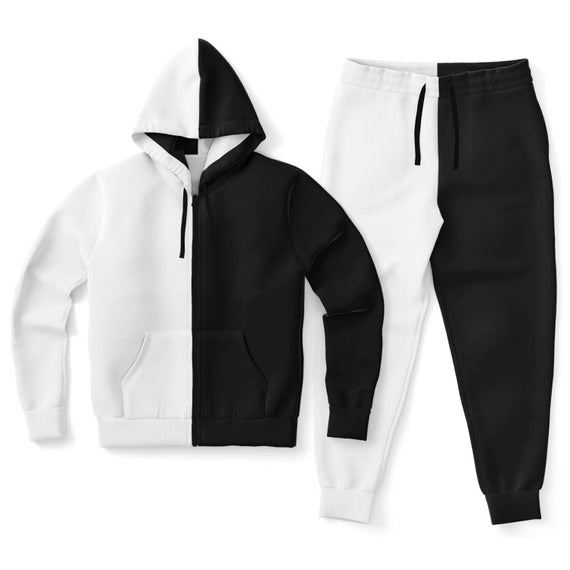 Half Black Half White Zip Hoodie Jogger Sweatsuit Set, Two