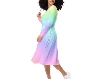 Pastel Rainbow Long Sleeve Midi Dress With Pockets, Women Ombre