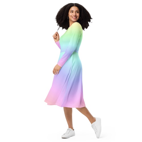 Pastel Rainbow Long Sleeve Midi Dress With Pockets, Women Ombre Gradient  Pink Tie Dye Casual Cute Designer Flare Elegant Plus Size Dress - Etsy