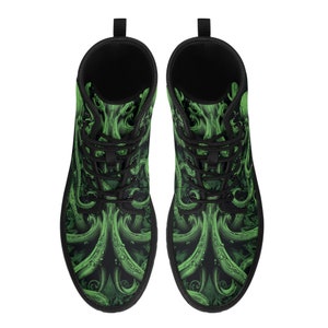 Octopus Men Leather Boots, Tentacles Green Vegan Lace Up Shoes Hiking Festival Black Ankle Combat Work Winter Waterproof Custom Gift image 4