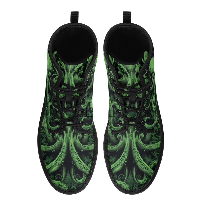 Octopus Men Leather Boots, Tentacles Green Vegan Lace Up Shoes Hiking Festival Black Ankle Combat Work Winter Waterproof Custom Gift image 4