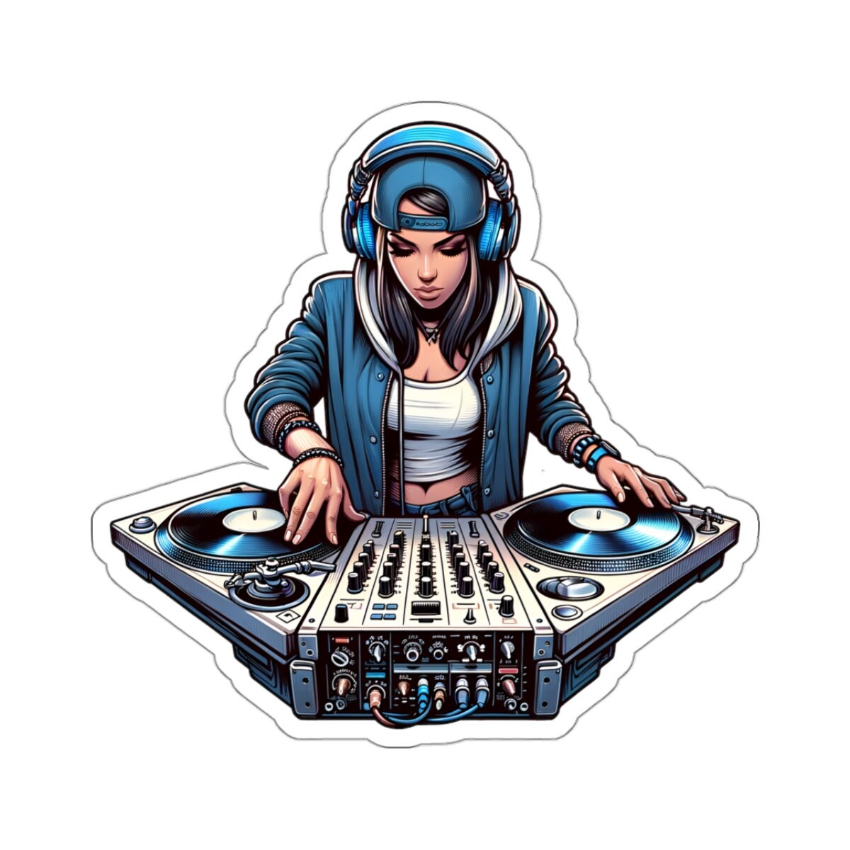 Woman DJ Mixing Sticker Decal, Turntables Female EDM Music Art Vinyl ...