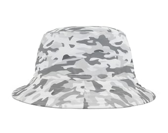 White Camo Bucket Cap Hat, Grey Camouflage Cool Women Men Golf - Main Image