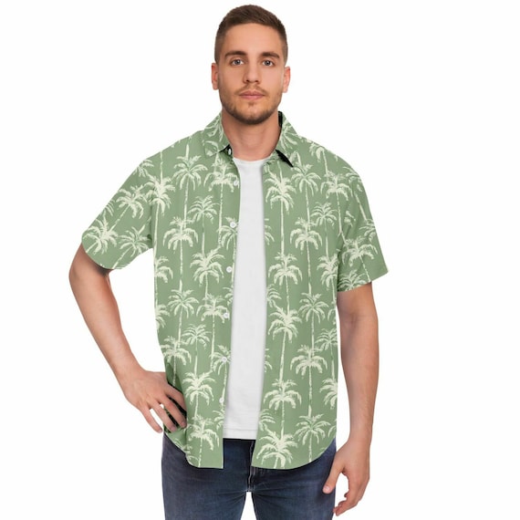 Green Palm Trees Men Button Up Shirt, Olive Beach Short Sleeve Print Casual Buttoned Down Summer Male Guys Collared Designer Dress Shirt Green Palm Trees Men Button Up Shirt, Olive Beach Short Sleeve Print Casual Buttoned Down Summer Male Guys Collared Designer Dress Shirt