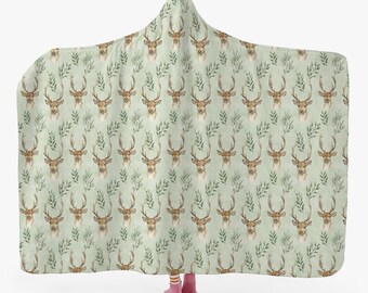 Manta con capucha de ciervo, forro polar Sherpa verde con diseño de reno, suave, esponjosa, acogedora, cálida, para adultos, hombres, mujeres y niños, grande, para llevar con capucha, regalo
