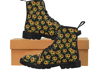 Sunflower Women's Boots, Floral Vegan Canvas Lace Up Shoes, Yellow Flower Print Black Ankle Combat, Casual Custom Gift