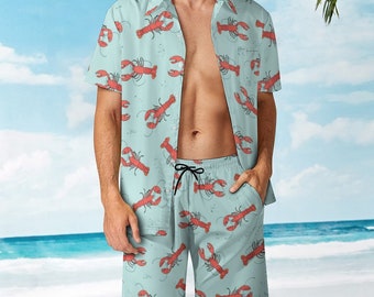 Red Lobster Shirt and Shorts Outfit Set Men, Hawaiian Button Beach Suit Male Guys Summer Short Sleeve Button Up Down Wedding Luau Party