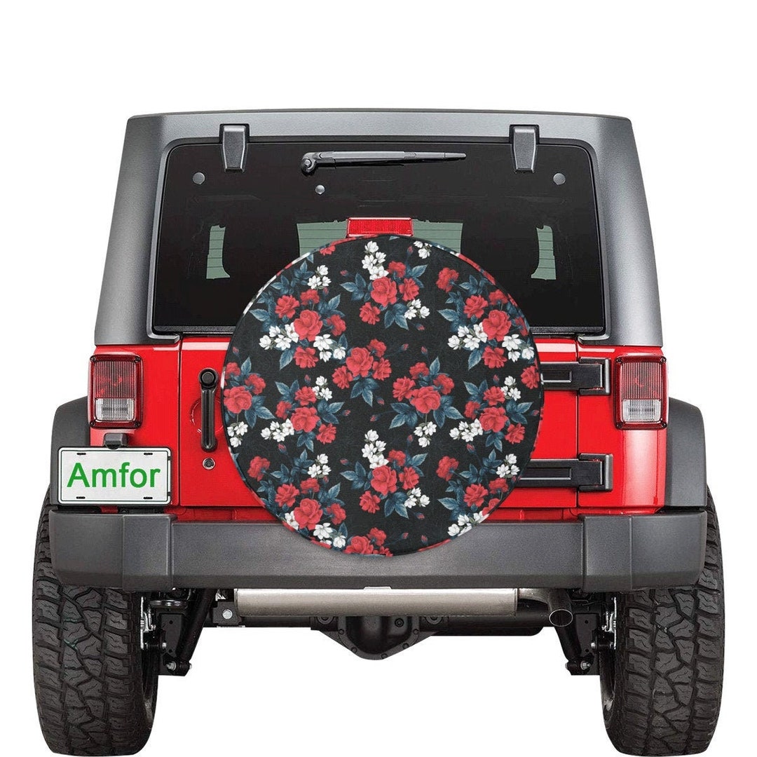 Rose Flowers Spare Tire Cover Red Floral Roses Black Wheel Etsy Norway
