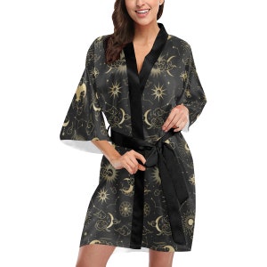 Sun Moon Kimono Robe, Stars Print Black Oriental Constellation Celestial Bathrobe Women&#39;s Short Lounge Sleepwear Pajama