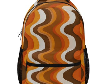 Retro Waves Stripes Backpack, Orange Vintage 70s Men Women Kids Books School College Waterproof Pockets 15 Inch Laptop Travel Bag