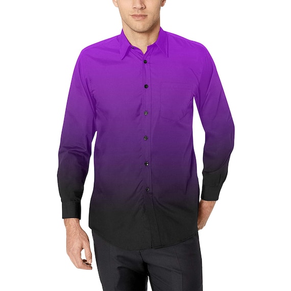 gradient dress shirt Black Purple Ombre Long Sleeve Men Button Up Shirt, Gradient Tie Dye Two Tone Print Buttoned Collar Casual Dress Chest Pocket Plus Size
