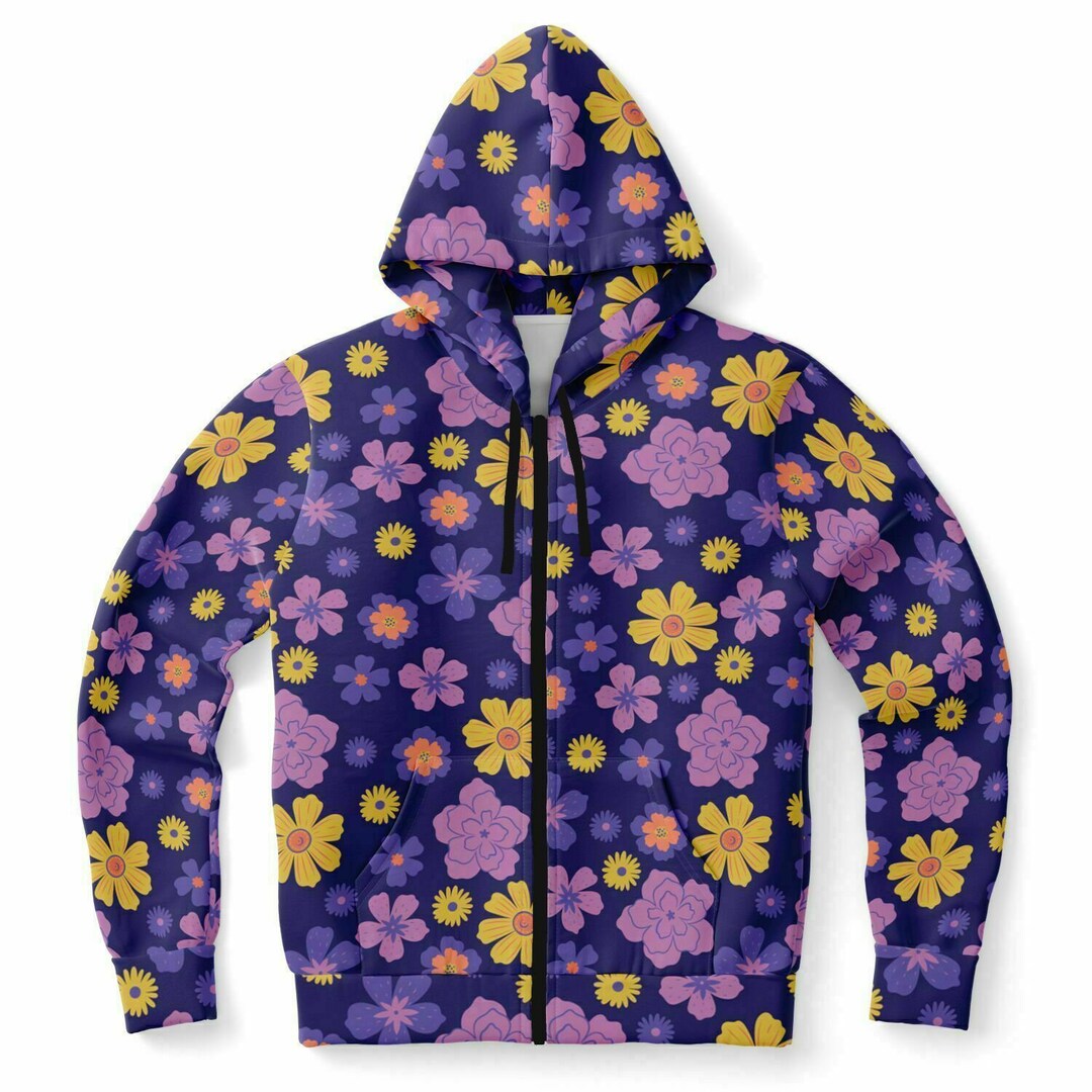 Floral Zip up Hoodie Blue Purple Flowers Front Zipper Pocket Etsy