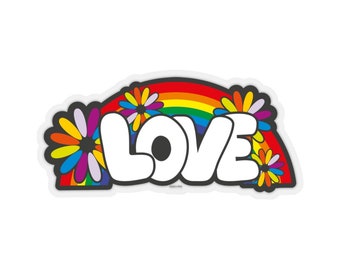 Love Rainbow Hippie Sticker, Flowers 60s  Laptop Decal Vinyl Cute Waterbottle Tumbler Car Bumper Aesthetic Die Cut Wall Mural