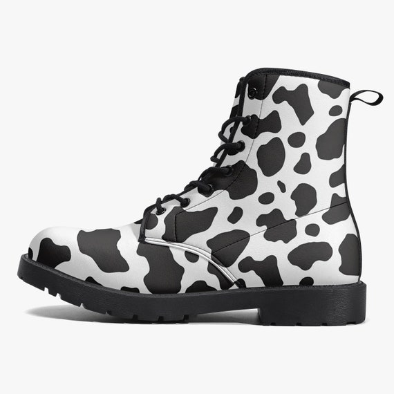 Cow Print Leather Boots, Black White Lace up Shoes Hiking
