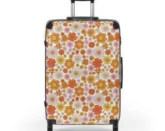 Equipaje de maleta floral retro, flores vintage de los años 70, equipaje de mano con 4 ruedas, viaje en cabina, juego pequeño y grande, estuche rígido de diseño con ruedas giratorias
