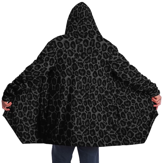 Black Leopard Hooded Cloak Cape, Animal Cheetah Print Coat Men
