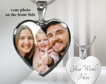 Custom Photo Heart Pendant Necklace, Picture Memorial personalized Jewelry Gift Wife Her Mom Mothers Day Daughter Gold Engraving Valentine