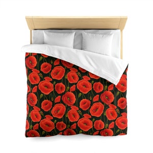 Poppy Duvet Cover, Red Flower Floral Bedding Queen King Full Twin XL Microfiber Unique Designer Bed Quilt Bedroom Decor