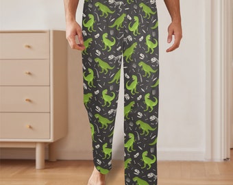 Dino Men Pajamas Pants, Dinosaur Green Trex Print Satin PJ Pockets Sleep Lounge Trousers Couples Matching Adult Trousers Bottoms