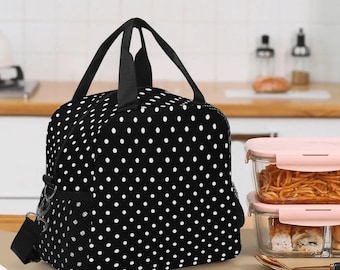 Polka Dots Insulated Lunch Tote Box Bag, Black White Cute Food Container Ladies Adult Kids Women Teens Men Black School Work Handbag