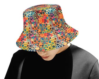 Funky Bucket Hat Cap, Groovy Dots Psychedelic Retro Vintage Disco Summer Festival Cute Women Ladies Men Designer Beach Sun Shade Y2K Golf