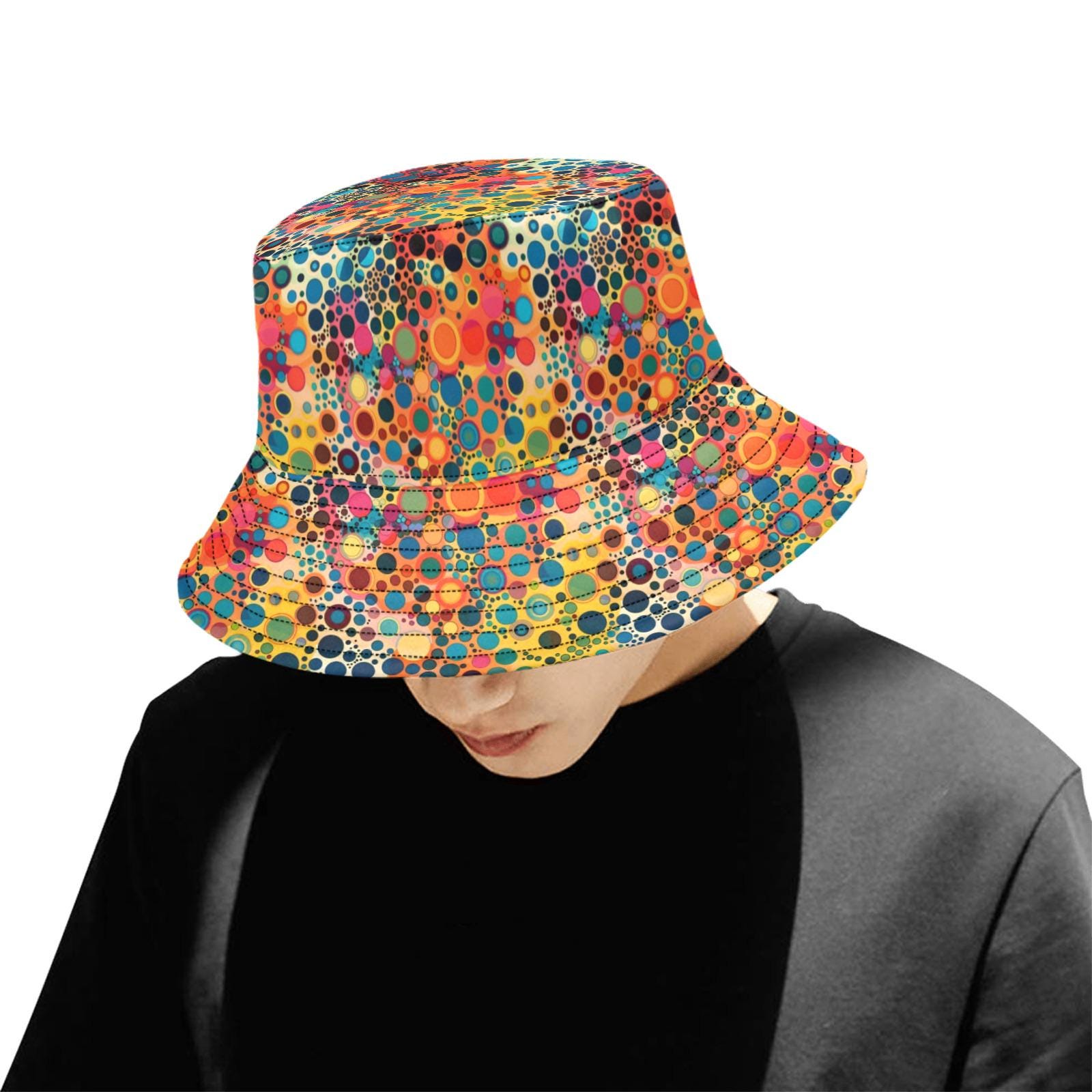 Funky Bucket Hat Cap, Groovy Dots Psychedelic Retro Vintage 