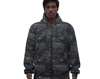 Galaxy Gold Stars Zip Up sudadera con capucha, Constellation Universe bolsillo frontal con cremallera hombres mujeres unisex estética algodón polar sudadera con capucha
