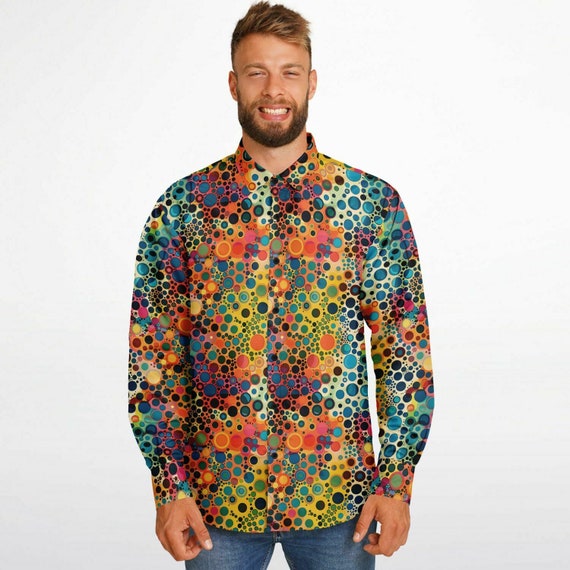 Psychedelic Long Sleeve Men Button up Shirt, Funky Trippy Psychedelic Long Sleeve Men Button up Shirt, Funky Trippy