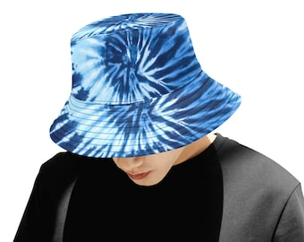 Blue Tie Dye Bucket Hat, Retro Vintage Summer Festival Cute Women Men Designer Beach Sun Shade Y2K Cotton Twill