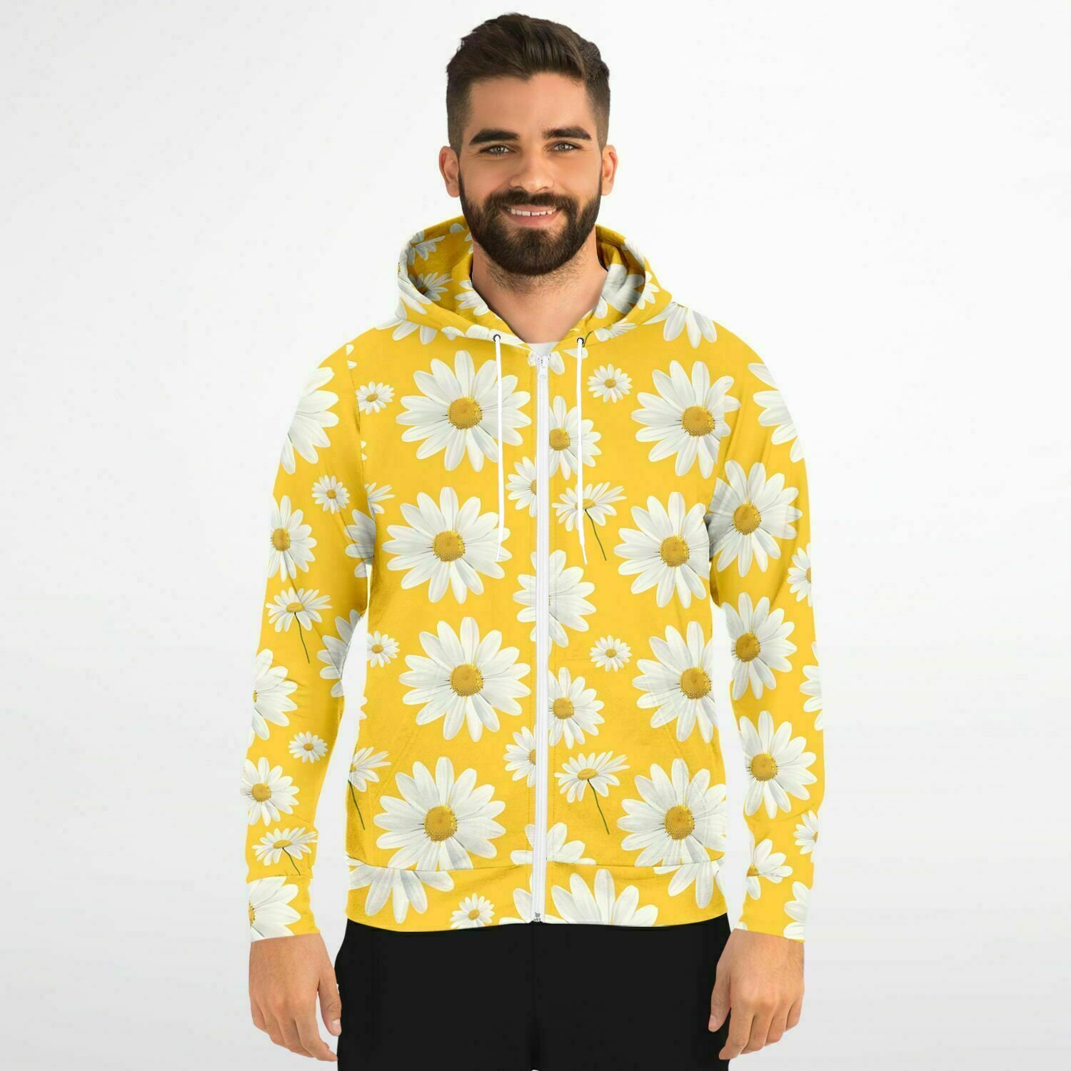 Daisy Yellow Zip up Hoodie, Floral Flowers Full Zipper Pocket Men