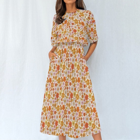 white christmas dresses Women Maxi Dress, Elastic Waist Flowy Long Ankle Length Short Sleeve Pockets Boho Spring Summer Cute M / White main image 1