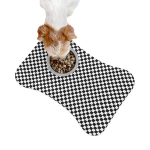 Checkered Dog Food Mat, Black White Check Pet Water Bowl Dish Small Large Feeding Portable Bone Shape Placemat Dog Lover Gift