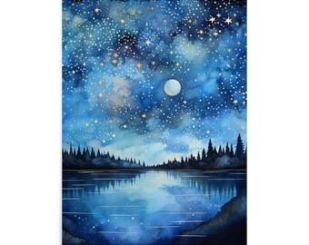 Starry Night Sky Poster Print, Watercolor Painting Picture Wall Image Art Vertical Travel Paper Artwork Small Large Cool Room Office Decor