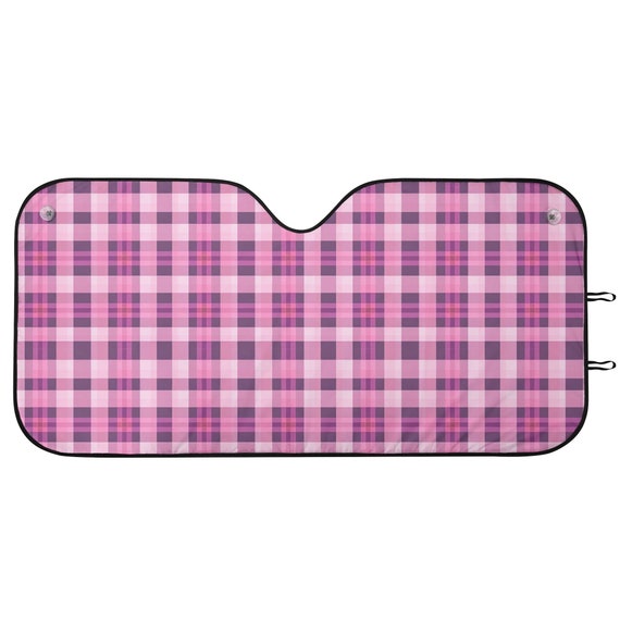 Pink Checkered Car Sun Shade, Plaid Check Front Windshield 