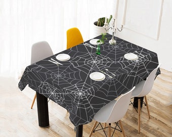 Halloween Spiderweb Tablecloth Cover, Black Spider Scary Spooky Linen Rectangle Home Decor Decoration Cloth Table Dining Room Party