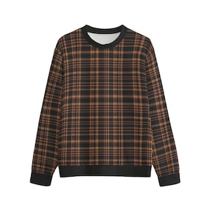 Brown Plaid Sweatshirt, Tartan Check Fall Graphic Crewneck Fleece Cotton Sweater Jumper Pullover Men Women Adult Aesthetic Designer Top